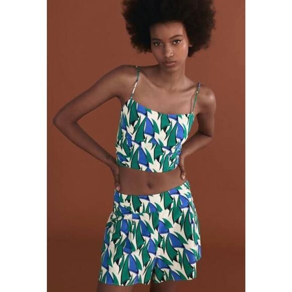 Zara Linen Women's High Waist Blue Green Geometric Print Shorts‎ Size L - Picture 2 of 9